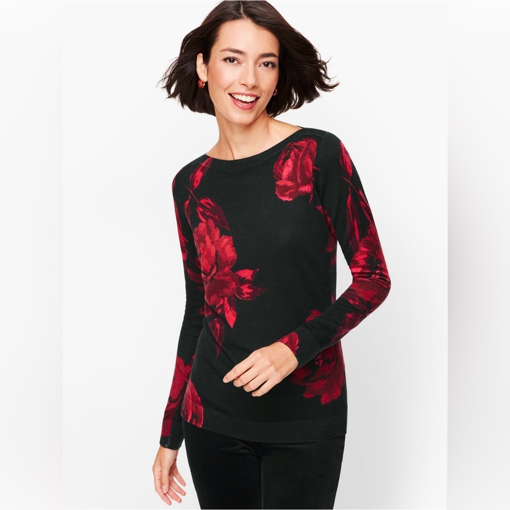 Talbots Black Sweater with Red Floral Design